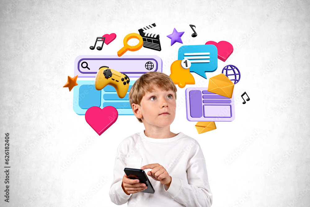 Schoolboy with smartphone, social media and online entertainment icons