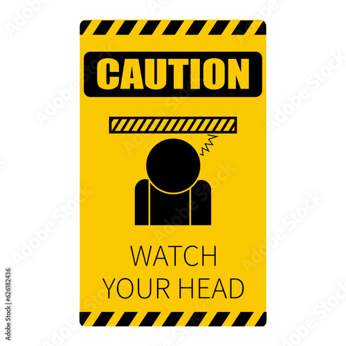 Printable black yellow safety safety sign mind your head, low up ceiling caution, head lowering instruction, drop hazard with illustration man walking with head hit low ceiling