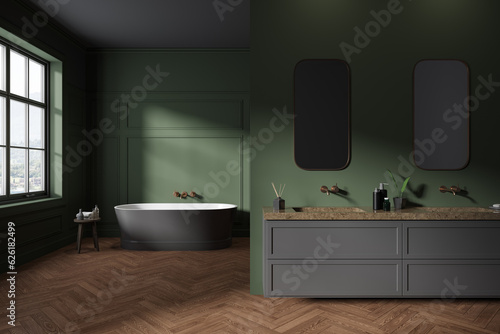 Classic green bathroom interior with tub and double sink