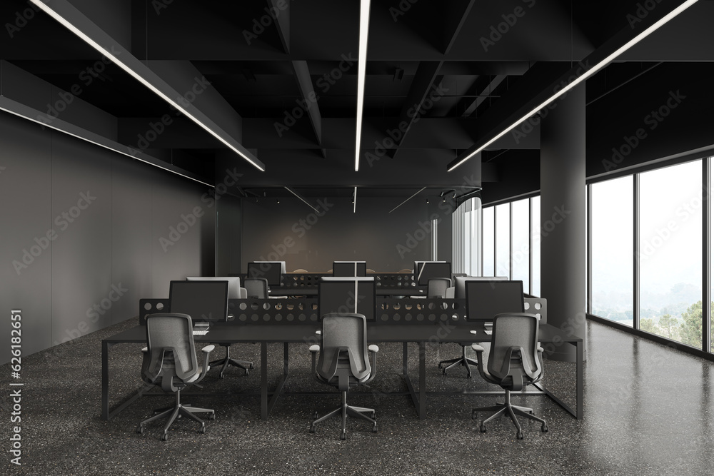 Gray open space office interior with columns