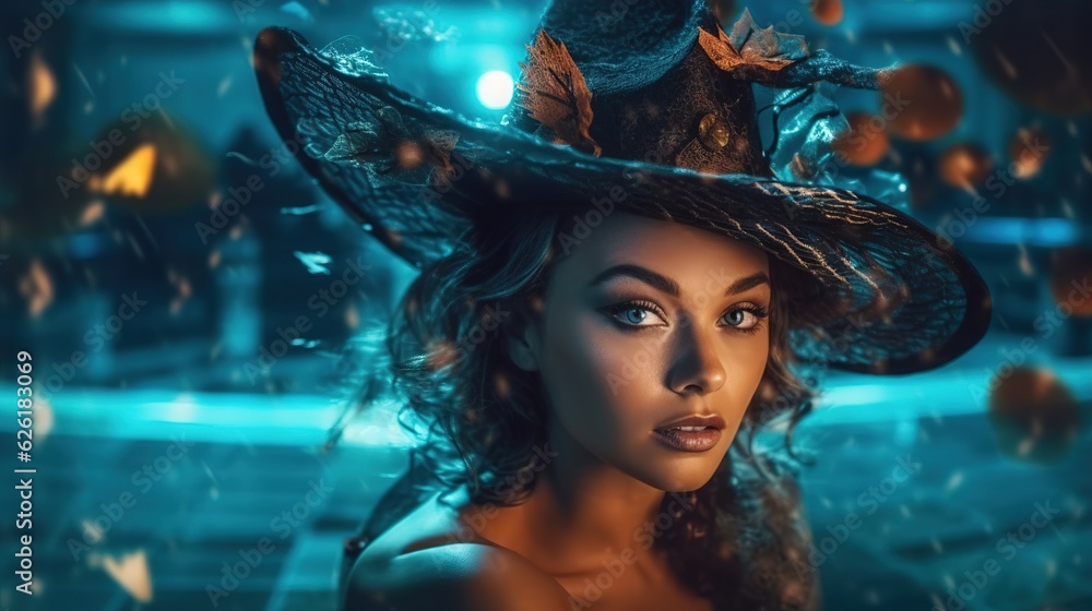 A Halloween witch with a carved pumpkin and magic lights in a dark pool Generative AI A Halloween witch with a carved pumpkin and magic lights in a dark pool Generative AI