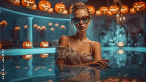 A Halloween witch with a carved pumpkin and magic lights in a dark pool Generative AI