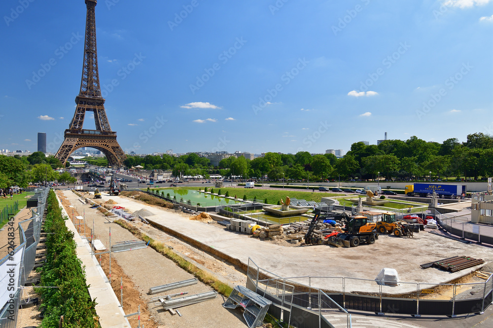 Paris, France. Trocadero gardens under construction. June 24, 2023. Paris, France. Trocadero gardens under construction. June 24, 2023.