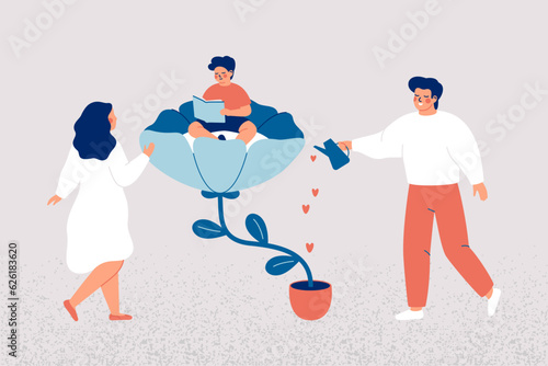 Father and mother care of the son. Parents are engaged in the upbringing and development of their baby. Boy sits on the big flower and dad is watering this plant. Family relationship and bonds. Vector