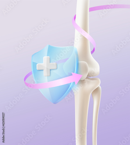 Human skeletal knee front view. Bone protection and treatment by specialized doctors. Realistic illustration of knee and leg bones with glass shield. media to hospitals, doctors.