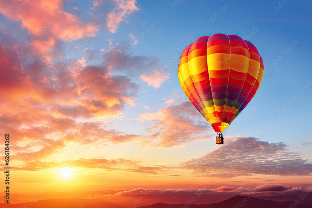 Fototapeta premium Hot air balloon in the sunset evening sky and pure cloud copy space.