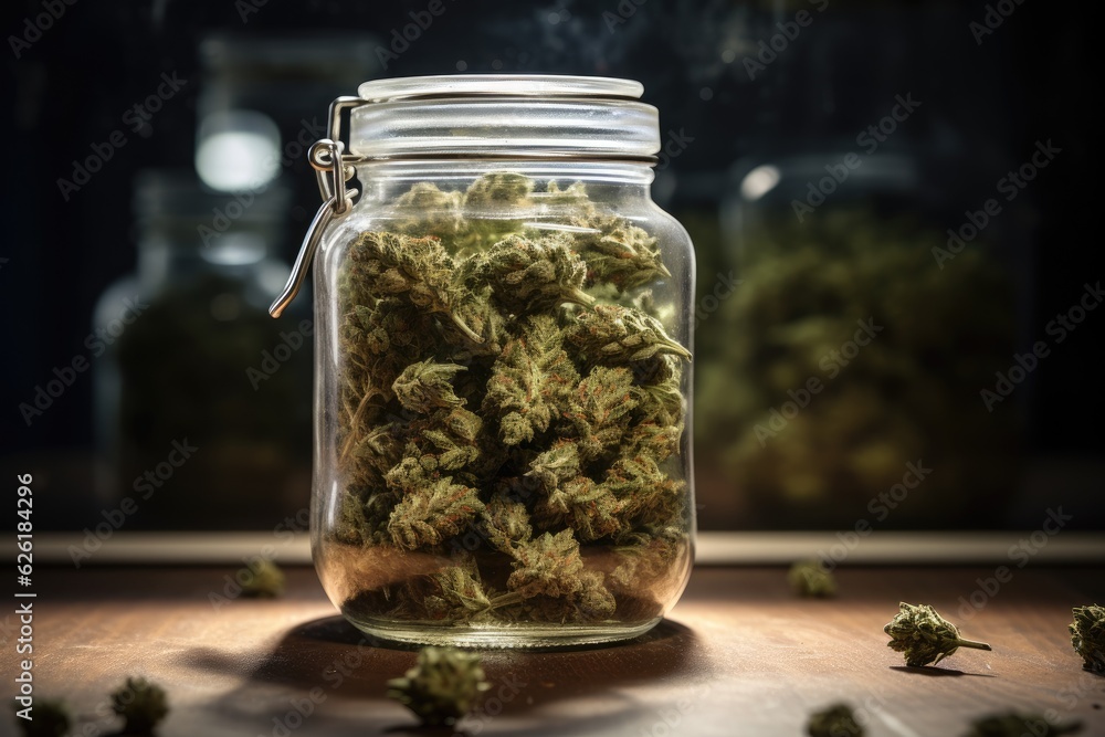Dry cannabis buds in jar. Dry cannabis buds in jar.