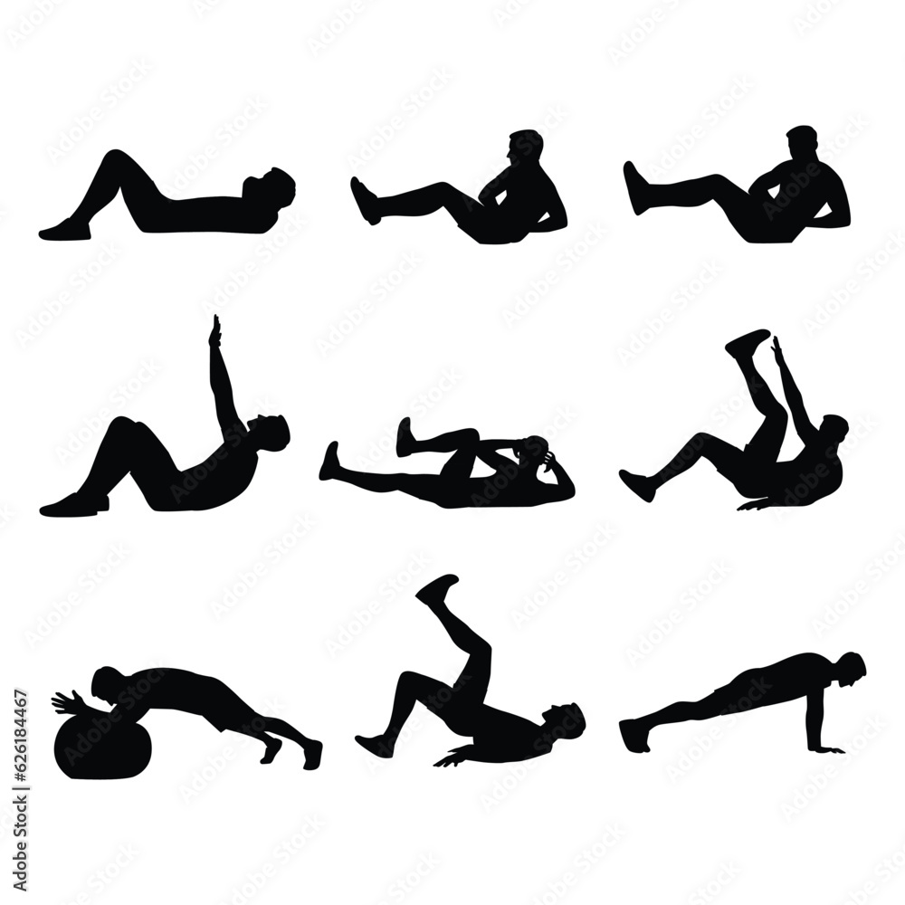 ABS workout for men. Sport exercise for perfect abs. Fit body and healthy lifestyle. Muscle training. Flat vector illustration isolated on white background