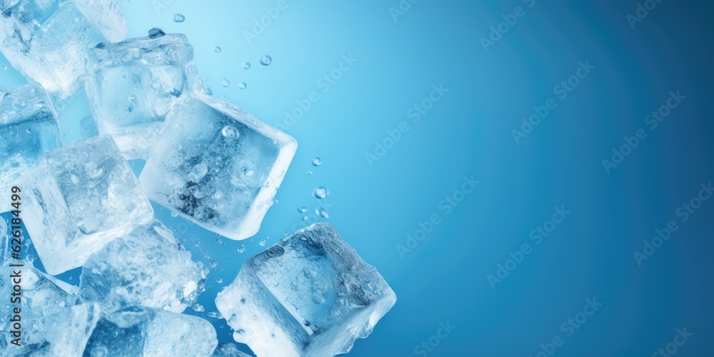 Frozen ice cubes on blue background with copy space. Frozen ice cubes on blue background with copy space.