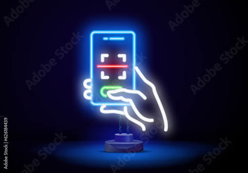 QR code smartphone scanner neon light icon. Quick response code.