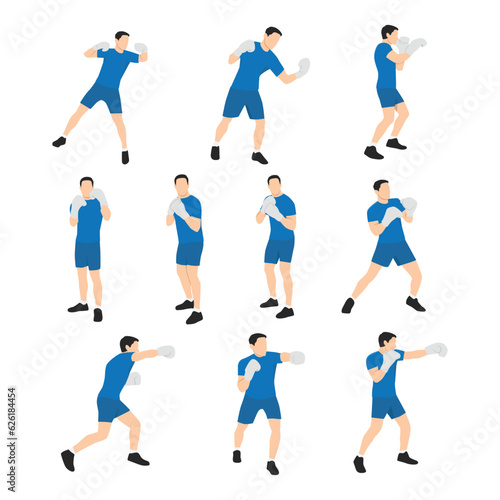 Man doing boxing moves exercise. Jab Cross Hook and Uppercut movement. Shadow boxing. Flat vector illustration isolated on white background