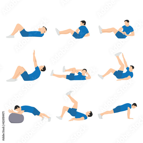 ABS workout for men. Sport exercise for perfect abs. Fit body and healthy lifestyle. Muscle training. Flat vector illustration isolated on white background