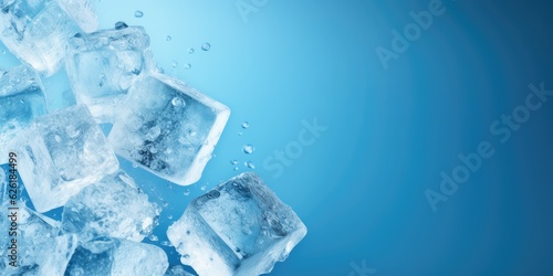 Frozen ice cubes on blue background with copy space.