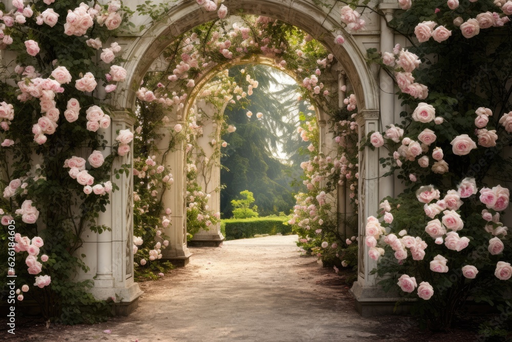 Fototapeta premium Old vintage garden with marble arches and roses.