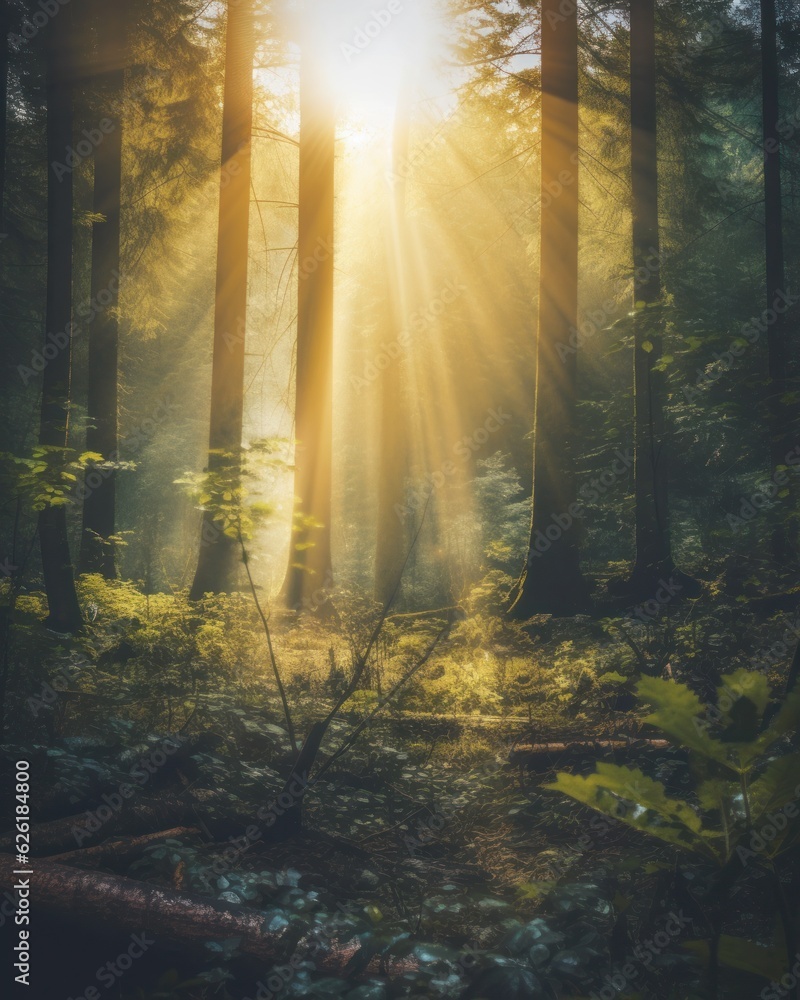 Fototapeta premium Silent Forest in spring with beautiful bright sun rays. Generative AI