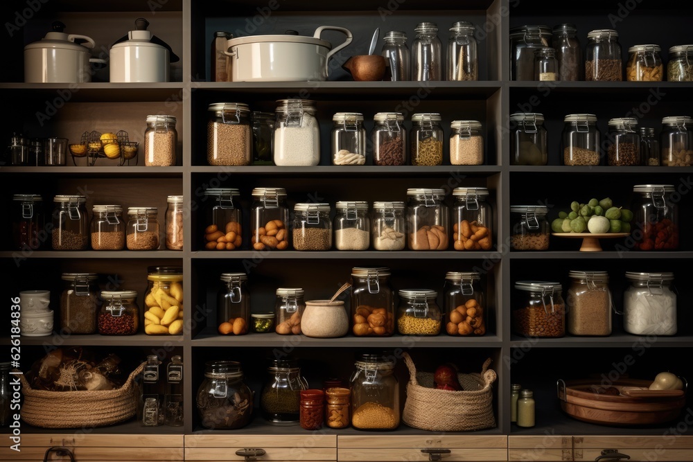 Pantry with neat and organized shelves, showcasing cooking essentials. Pantry with neat and organized shelves, showcasing cooking essentials.