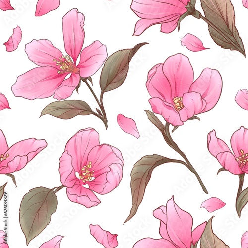 Seamless watercolor floral pattern - composition of pink royalty apple tree flowers and branches on white background, perfect for wallpapers, wrappers, postcards, greeting cards, romantic events.