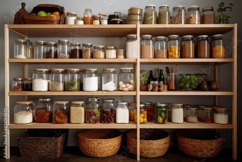 Pantry with neat and organized shelves  showcasing cooking essentials.