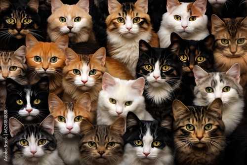 Funny many cats of various breeds and colors, looking expectantly at the camera.