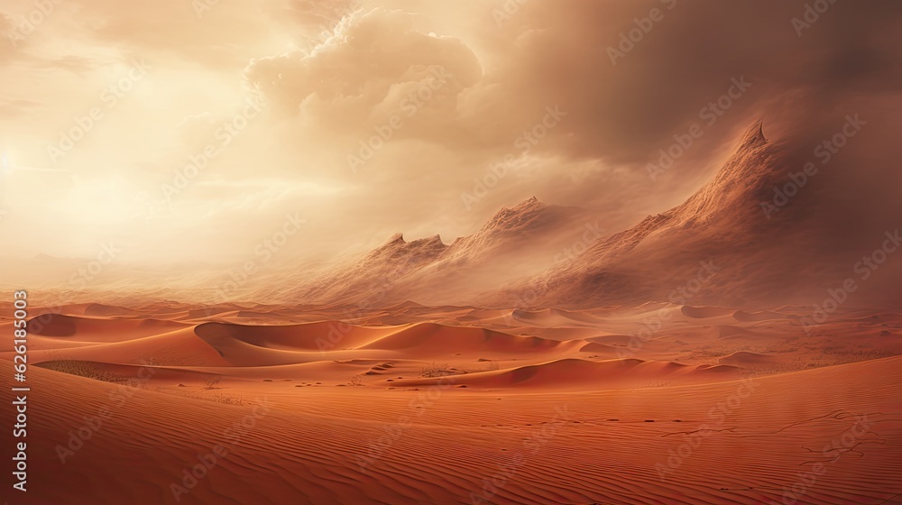 Desert landscape with a sandstorm.