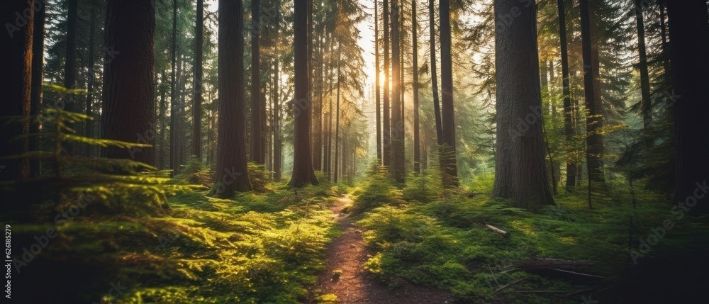 Fototapeta premium Silent Forest in spring with beautiful bright sun rays. Generative AI