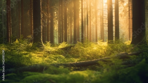 Silent Forest in spring with beautiful bright sun rays. Generative AI © Viktor