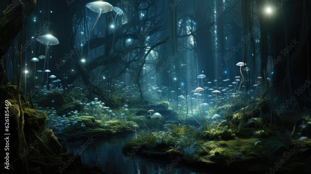 A forest with glowing mushrooms and a dark sky with a mysterious energy.
