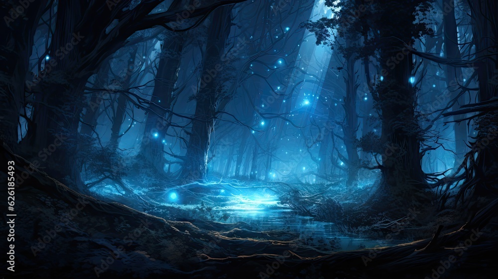A dark forest with fireflies flying through the air and a mysterious energy.