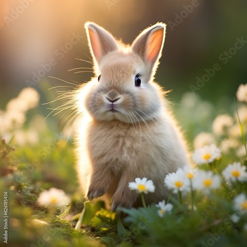 Front view of white cute baby holland lop rabbit standing on pink background. Lovely action of young rabbit. Generative AI