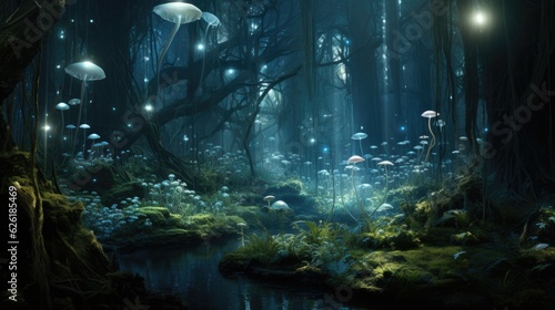 A forest with glowing mushrooms and a dark sky with a mysterious energy. © Sebastian Studio