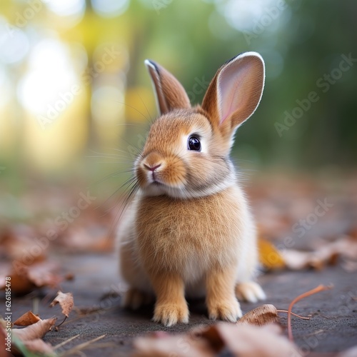 Front view of white cute baby holland lop rabbit standing on pink background. Lovely action of young rabbit. Generative AI