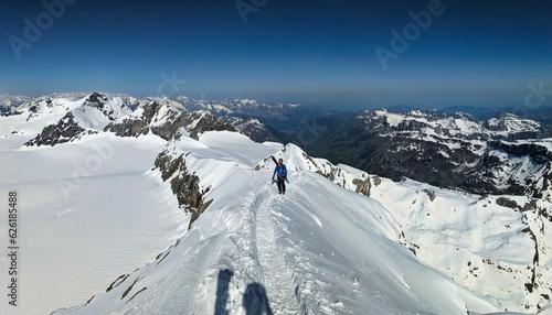Backcountry ski tour on the Clariden in Glarus Uri. Summit ridge on the highest point of the mountain tour. High quality photo