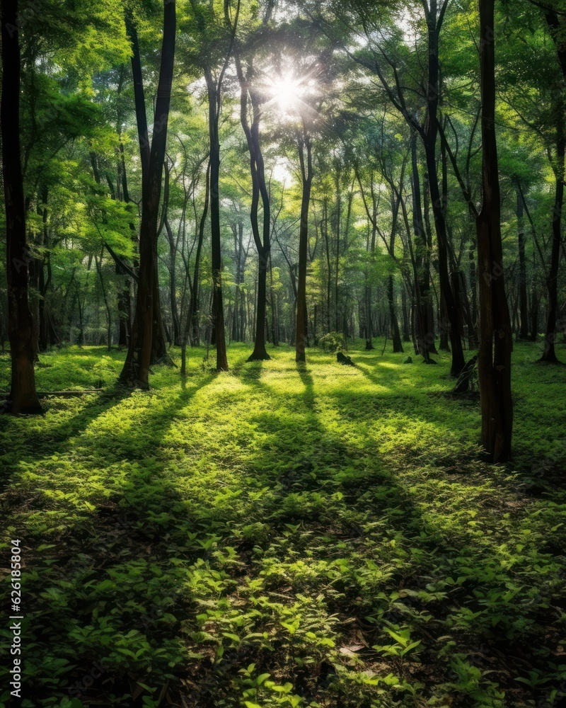 Naklejka premium Silent Forest in spring with beautiful bright sun rays. Generative AI