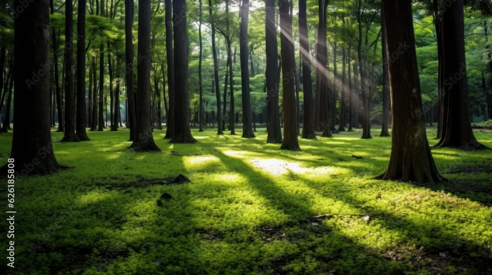 Silent Forest in spring with beautiful bright sun rays. Generative AI Silent Forest in spring with beautiful bright sun rays. Generative AI