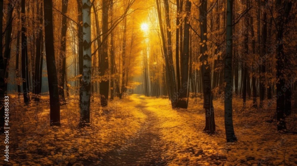 Sunny Forest in Autumn with beautiful bright sun rays. Generative AI