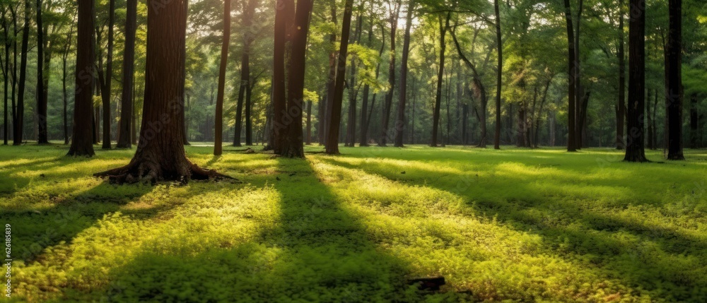 Obraz premium Silent Forest in spring with beautiful bright sun rays. Generative AI