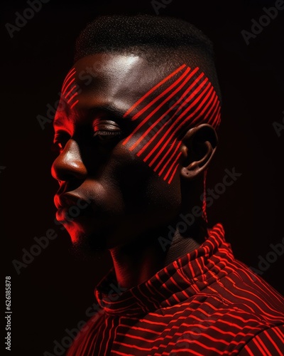 Afrofuturism conceptual background. African-american man with red laser lines. AI generated image photo