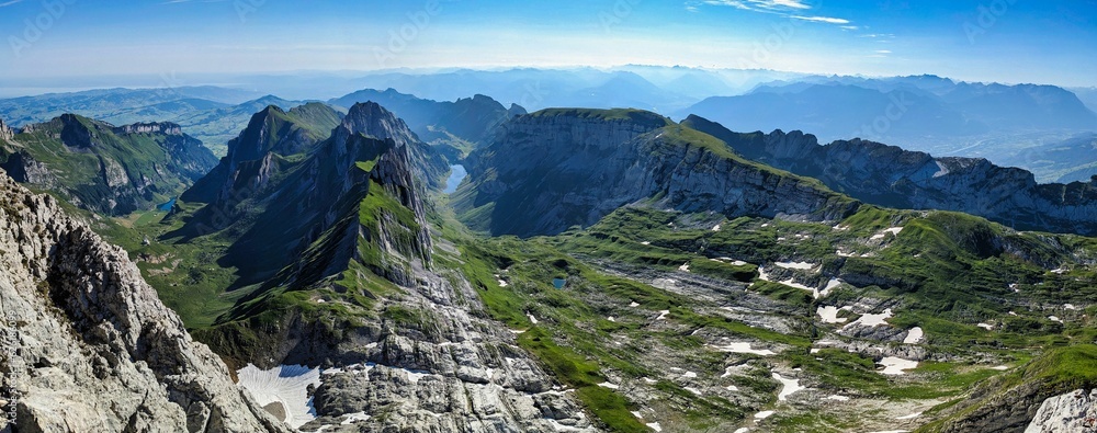 Climbing on the Altma Altmann in the Alpstein Appenzell area. Fantastic mountain panorama. Wanderlust Switzerland. Fahlensee lake. Faelensee. High quality photo