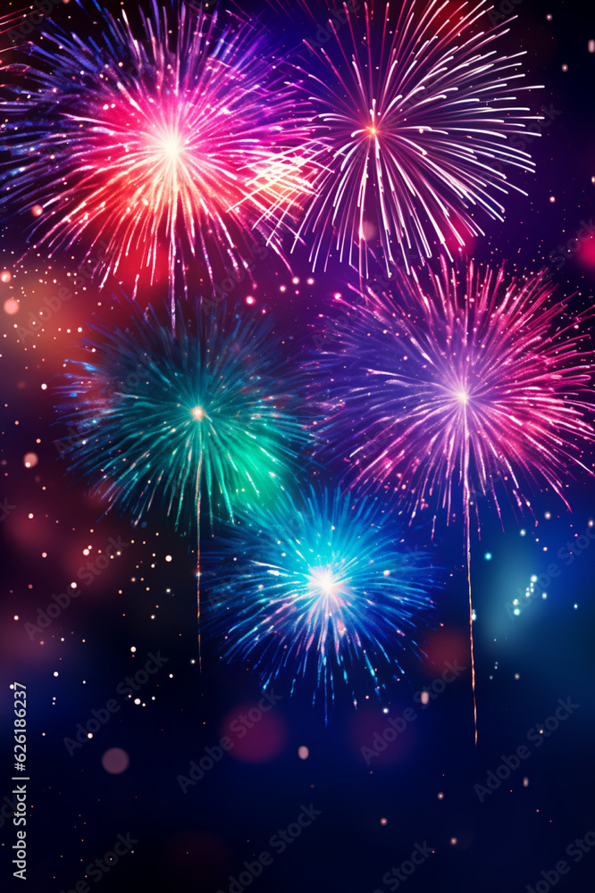 beautiful fireworks display at night with bokeh lights, festive background, AI generated