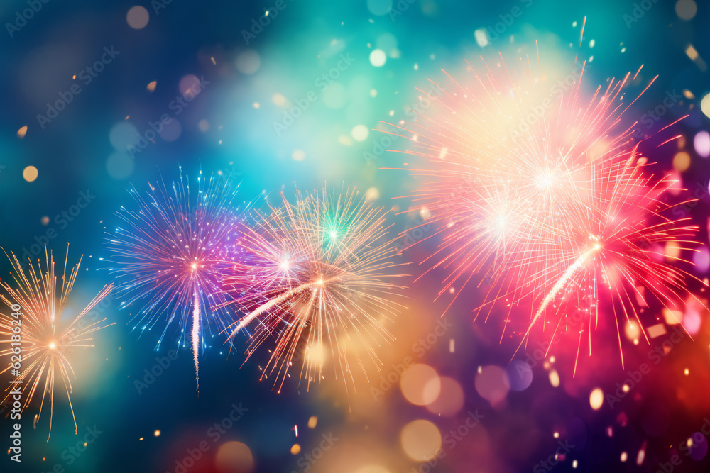 Naklejka premium beautiful fireworks display at night with bokeh lights, festive background, AI generated