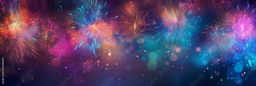 beautiful fireworks display banner at night with bokeh lights, festive background, AI generated