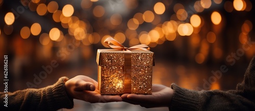 Illustration of a gift box in hand with a Christmas background, AI Generated