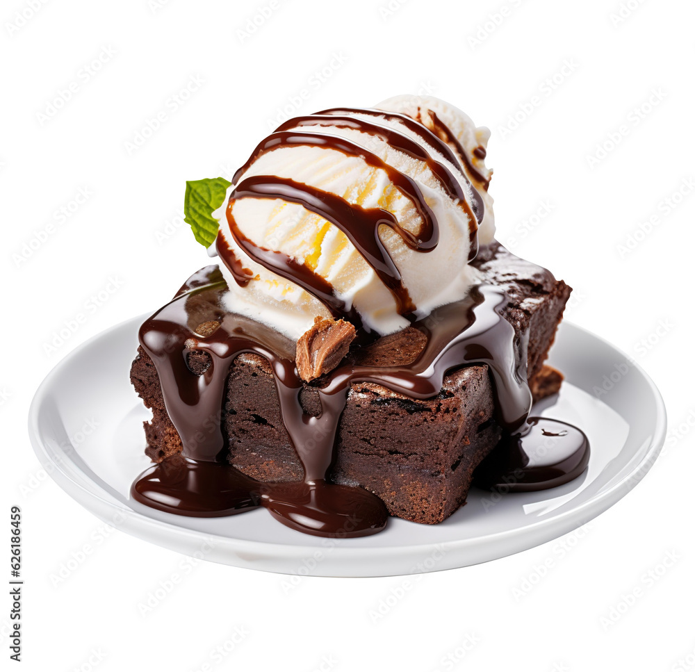 Chocolate Brownie cake on plate with Ice cream on transparent ...