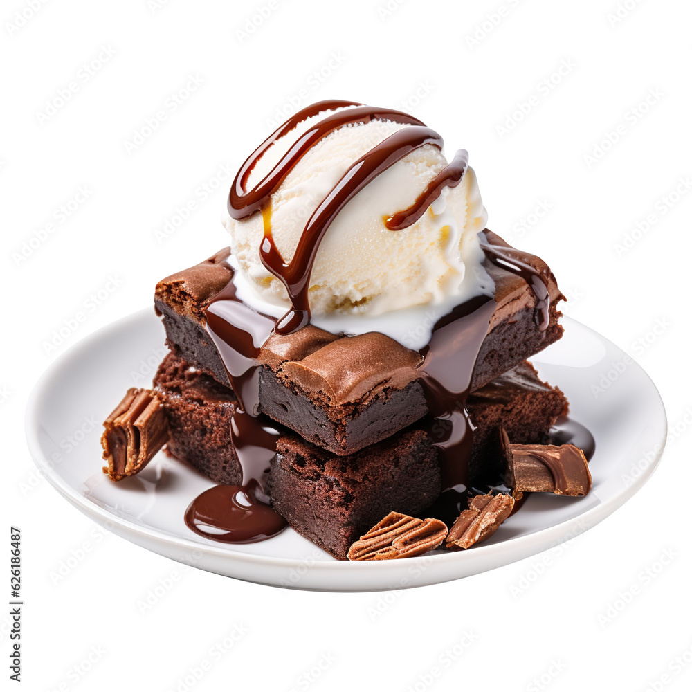 Chocolate Brownie cake on plate with Ice cream on transparent ...