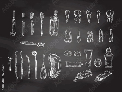 Stomatology hand drawn set on chalkboard background. Toothache treatment. Teeth sketch. Different types of human tooth. Toothbrushes and pastes. Dental care, dental instruments.