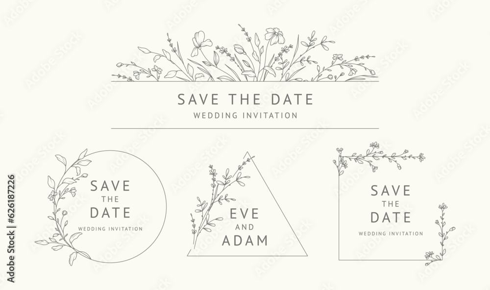 Elegant minimalist frames, logo templates with hand drawn flowers and leaves, floral design ink line style. Vector for wedding invitation, save the date, greeting card, label, corporate identity 
