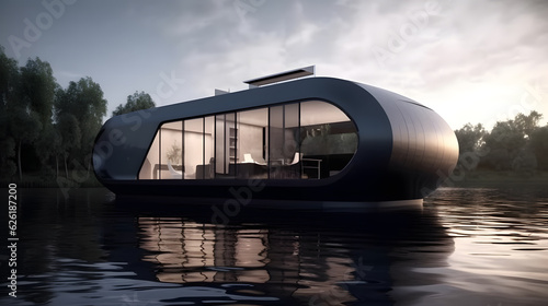 Harmonious Horizons: A Premium Minimalist Houseboat Oasis, AI Generative