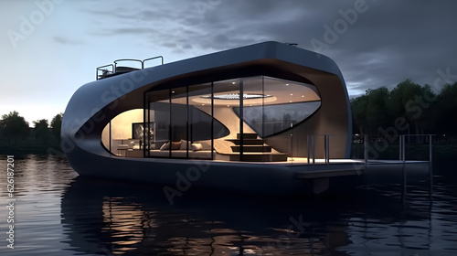Nautical Elegance Redefined: The Futurist Houseboat Retreat, AI Generative