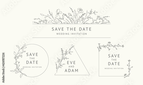 Elegant minimalist frames, logo templates with hand drawn flowers and leaves, floral design ink line style. Vector for wedding invitation, save the date, greeting card, label, corporate identity 