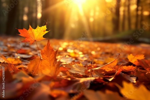 Lively closeup of falling autumn leaves with vibrant backlight from the setting sun. created generative ai.